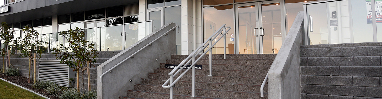 Powdercoated handrail up entrance stairs to Ramada Albany